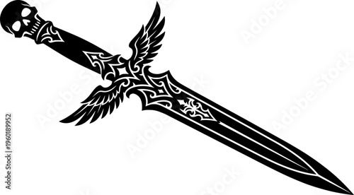 Ritual Knife Illustration. A top-down view of an occult altar focusing on a ritual knife placed diagonally,
