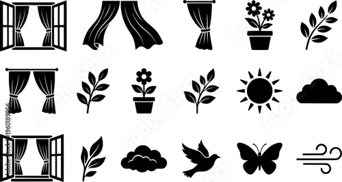 Minimal outline icon set with windows, curtains and decorative home elements.
