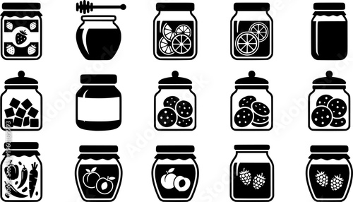 Homemade Preserves. Filled icon set of Homemade Preserves: jam jar, honey jar, marmalade jar, peanut butter

