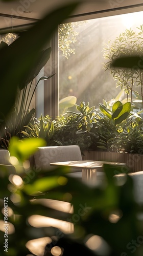 Generative AI lush indoor garden with sunlight streaming through large windows vibrant leafy