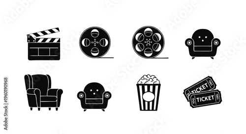 Vector illustration of cinema and movie theater icons set, vector illustration
