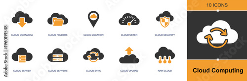 Cloud computing icon set. Containing cloud download, cloud folder, location, cloud meter, cloud security, server, cloud sync, cloud upload, rain cloud and more. Solid fill vector icons.