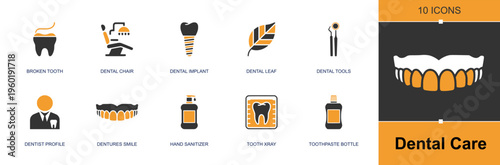Dental care icon set. Containing broken tooth, dental chair, dental implant, dental tools, dentist profile, dentures, sanitizer, tooth xray, toothpaste and more. Solid fill vector icons.