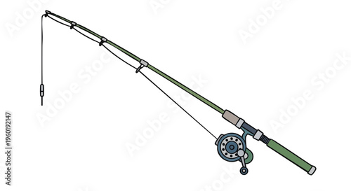 Fishing rod and reel with line and bobber isolated on white background. Vector illustration of fishing gear.