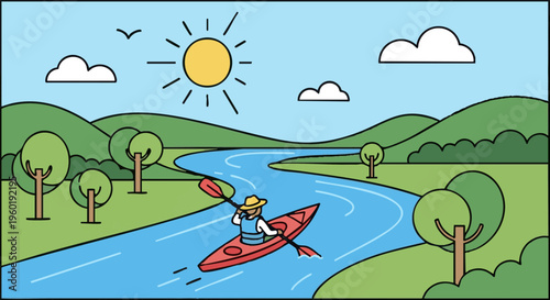 Kayaker paddling on a winding river through a green landscape. Cartoon vector illustration of a summer water sport adventure on a sunny day.