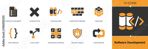 Software development icon set. Containing checklist, close button, coding, keyboard, cube grid, curly braces, flow chart, security shield, swap arrows and more. Solid fill vector icons.