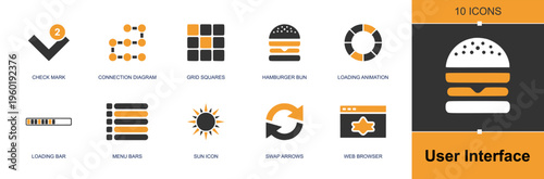 User interface icon set. Containing check mark, connection diagram, grid squares, loading spinner, loading bar, menu bars, sun icon, swap arrows, web page and more. Solid fill vector icons.