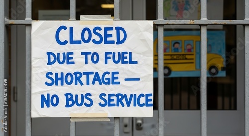 Handwritten notice on school gate announcing closure due to fuel shortage and no bus service. Concept of energy crisis, transportation disruption, and economic impact on public education.