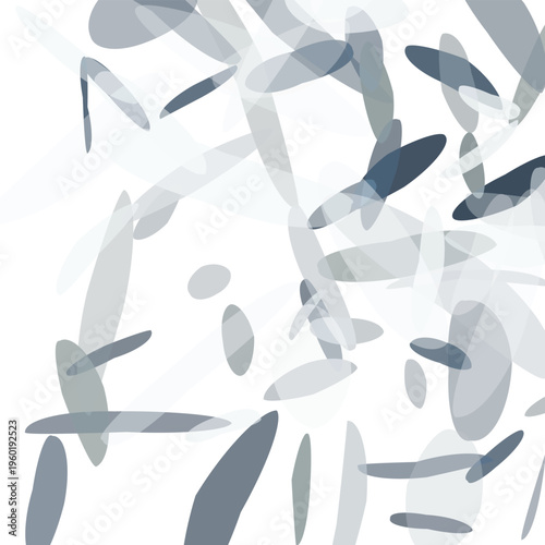 Abstract composition of variously sized and shaped gray and blue ovals and elongated forms on a white background
