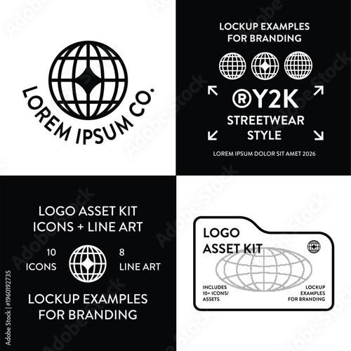 Y2k Streetwear Globe Logo + Lockup Asset Kit / Template with Editable Text