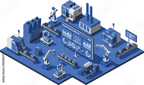  Isometric Blue Smart Factory with Connected Machines and Digital Production Dashboard Vector