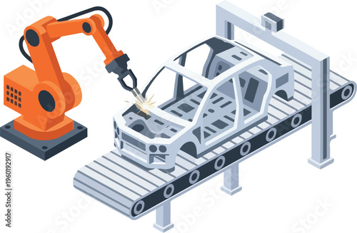 Isometric Orange Industrial Robotic Arm Welding Car Chassis on Automated Assembly Line Vector