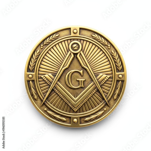 Golden masonic medallion with square and compass symbol