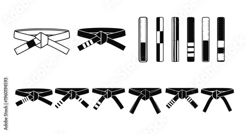 Vector illustration of set of martial arts black belts with different stripes and patterns