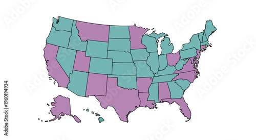 Striking United States map with alternating colorful states design and precise border outlines