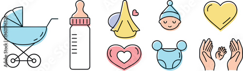 A colorful illustration of baby items and symbols for new parents