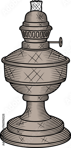 A vintage-style kerosene lamp with intricate design and metal handle