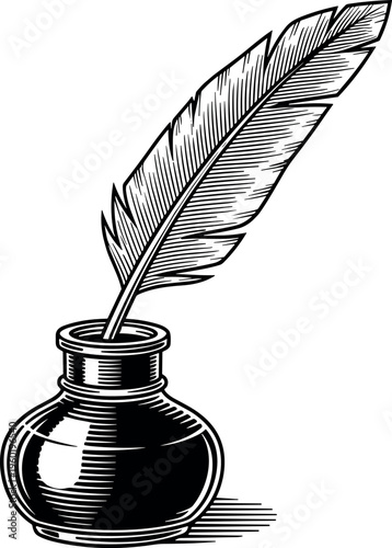 A quill pen sits in a classic inkwell on a plain surface
