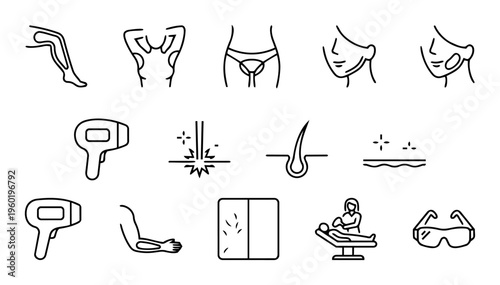 IPL and Laser Hair Removal Line Icons Set – Beauty Treatment, Body Zones, Smooth Skin and Cosmetic Device Symbols