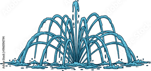 A blue water fountain with multiple arches spraying water high into the air