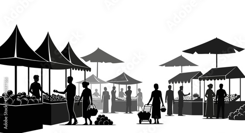 Outdoor market scene with silhouettes of vendors and shoppers at various stalls. Bustling street fair for commerce and local trade.