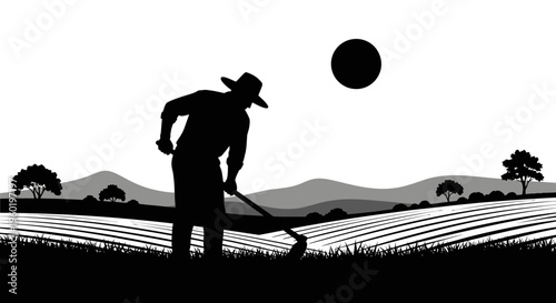 Silhouette of a farmer working in a field with a hoe, cultivating land under a sun in a black and white agricultural landscape.