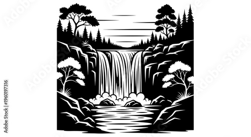 Stunning Black and White Waterfall Landscape Illustration with Majestic Cascades, Forest Trees, and Rocky Terrain Art