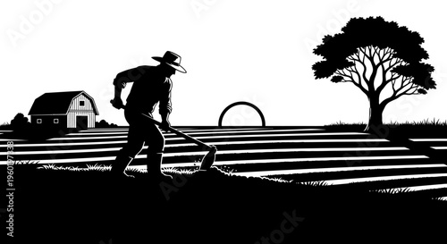 Agricultural Worker Tilling Soil with Hoe on a Farm Field Silhouette Illustration, Representing Hard Work and Rural Life