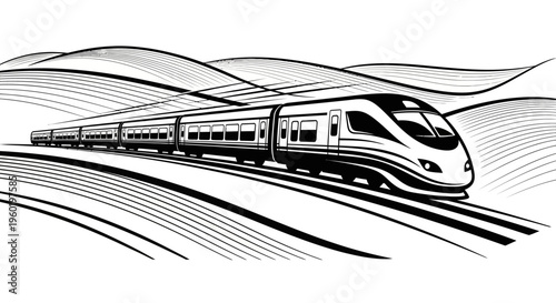 Modern High-Speed Train Vector Illustration on Tracks, Dynamic Motion Monochrome Graphic Art
