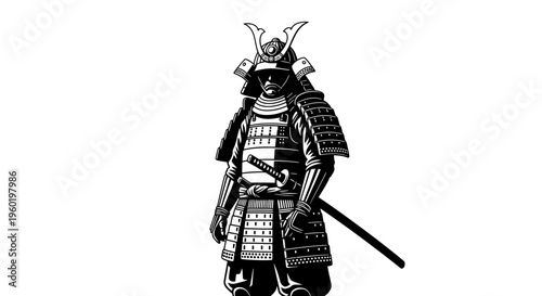 Japanese samurai warrior in traditional armor, standing with a katana sword. Ancient historical black and white illustration of a Ronin.
