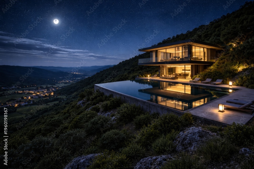 Obraz premium Luxury Modern Glass Villa with Infinity Pool on Mountainside at Night