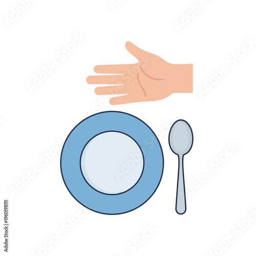 Minimalist flat design icon illustrating a hand over an empty plate and spoon, symbolizing hunger, food scarcity, poverty awareness, and the importance of charity and aid efforts
