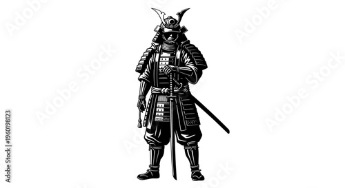 Powerful ancient Japanese samurai warrior in full traditional armor with a katana sword. Black and white historical illustration.