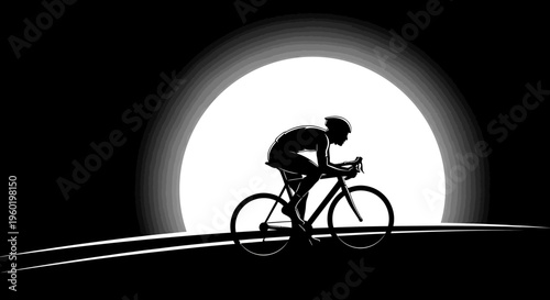 Dynamic black and white silhouette illustration of a focused road cyclist against a glowing circular light, athletic biking concept.