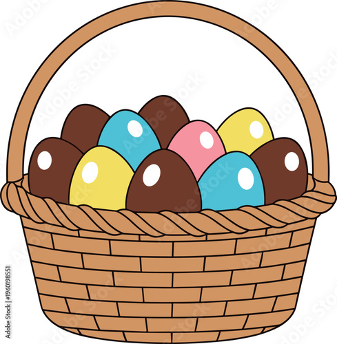 A wicker basket filled with colorful chocolate Easter eggs