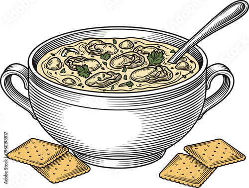 A bowl of clam chowder soup with crackers on the side