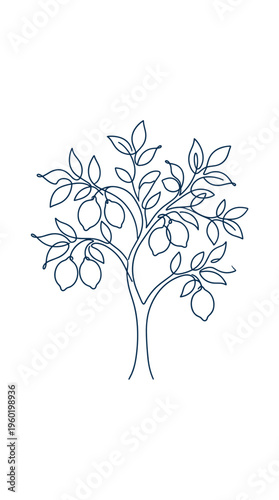 Minimalist continuous line drawing of a lemon tree with fruits for modern interior decor and organic citrus product branding