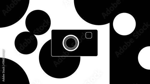 A digital camera illustration against a backdrop of black and white circles and shapes