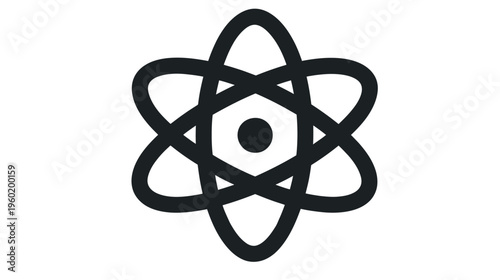 Black graphic of an atom with hexagonal nucleus and looping orbitals against a white background