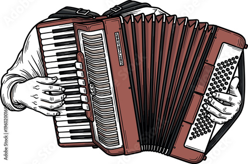 A person skillfully playing a traditional red accordion with both hands