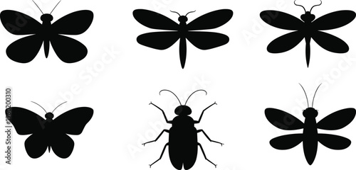 Insect silhouettes collection, butterfly and beetle shapes set, flying bug illustration, isolated vector insects, nature wildlife icons, entomology design bundle