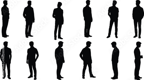 Man silhouettes collection, standing male poses set, casual and formal people illustration, isolated vector figures, human posture variations, lifestyle character bundle