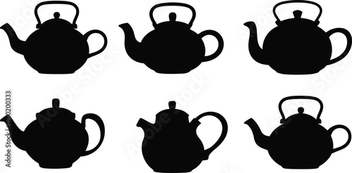 Teapot silhouettes collection, kitchen kettle set, tea brewing accessories illustration, isolated vector teapots, classic and modern designs, household cookware bundle