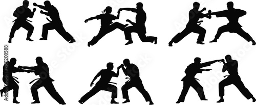 Martial arts fighting silhouettes collection, combat training poses set, self defense action illustration, karate sparring athletes isolated vector, dynamic fight scenes