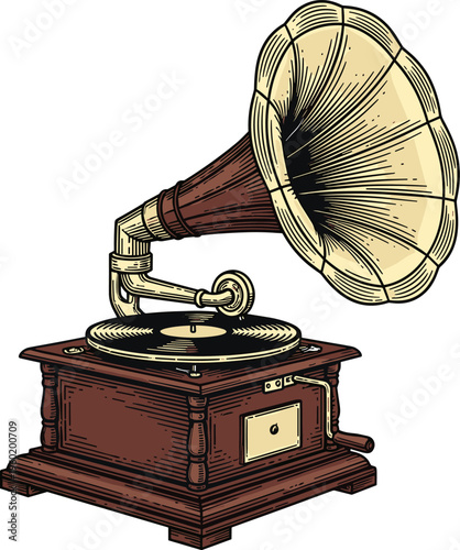 A vintage gramophone sitting on a plain surface with a large horn