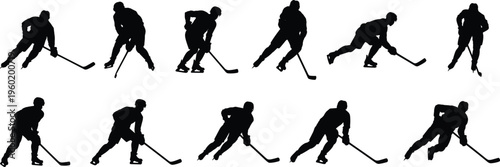 Ice hockey skating player silhouettes set, dynamic stick handling poses, winter sport athletes collection, isolated vector illustration, hockey action movement bundle