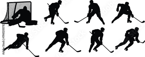 Ice hockey player silhouettes collection, goalie and skater action poses, winter sport illustration, isolated vector athletes, hockey movement set, professional gameplay