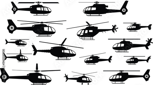 Helicopter silhouettes collection, various chopper aircraft side view set, aviation transport vector icons isolated on white background design