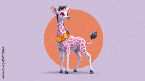 A whimsical giraffe character with pink spots, a mohawk, and a decorative collar