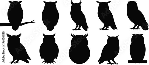 Owl silhouettes collection, nocturnal bird icons set, wildlife animal shapes, perched owl figures, black vector illustration, nature and forest design elements
